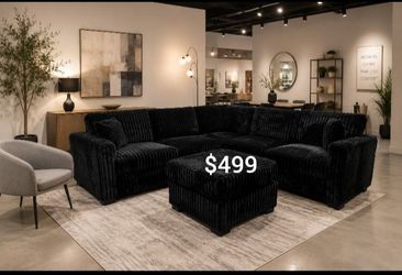 Stylish sectional sofa with ottoman black Fur-Like Jumbo Corduroy