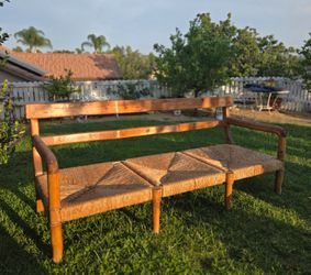 Vintage Wood Bench with Rush Woven Seat