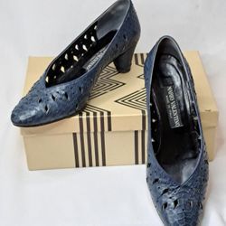 Valentino Mario Pump Cutout Shoes Vintage Women 38.5 B Navy Leather Made Italy