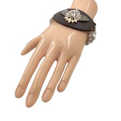 Woman Boho Hippie Gypsy Expandable Bracelet, Mixed Materials, Brown Genuine Leather Front, Floral Accent, Czech Fire Polished Glass Crystals