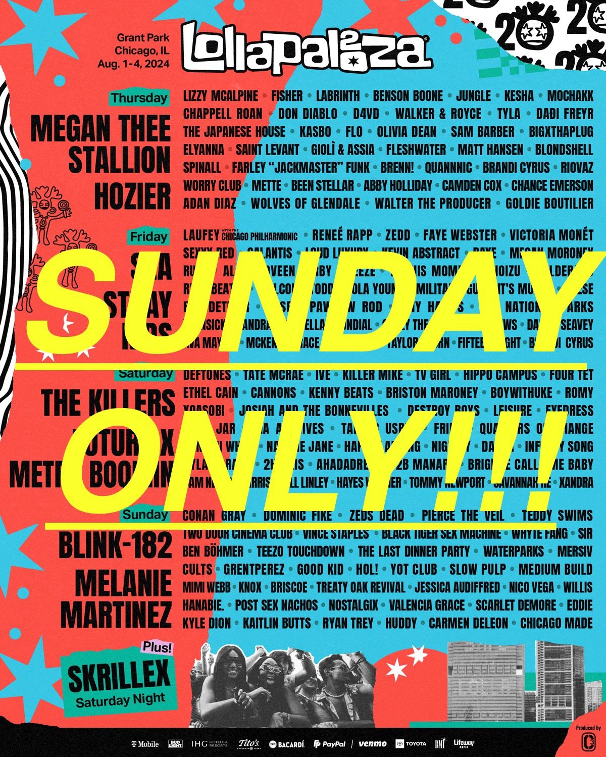 SUNDAY ONLY LOLLAPALOOZA 2024 GA WRISTBANDS PICK UP DAY OF FESTIVAL SUNDAY AT 11am