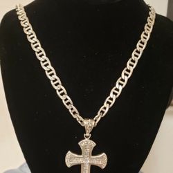 925 Sterling Silver Mens Mariner Necklace Link 24" With Pendant Cross Cz