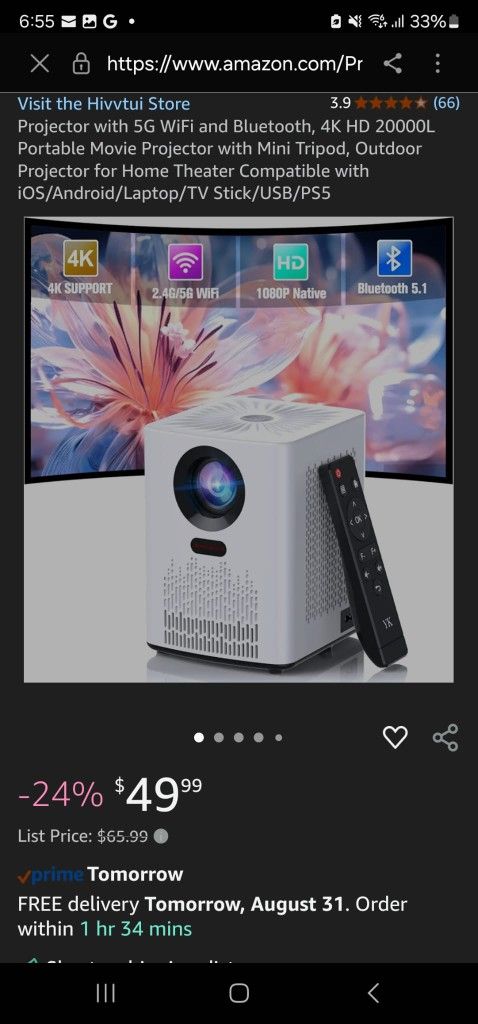 Projector with 5G WiFi and Bluetooth, 4K HD 2000OL Portable Movie Projector with Mini Tripod, Outdoor Projector for Home Theater Compatible with iOS/A
