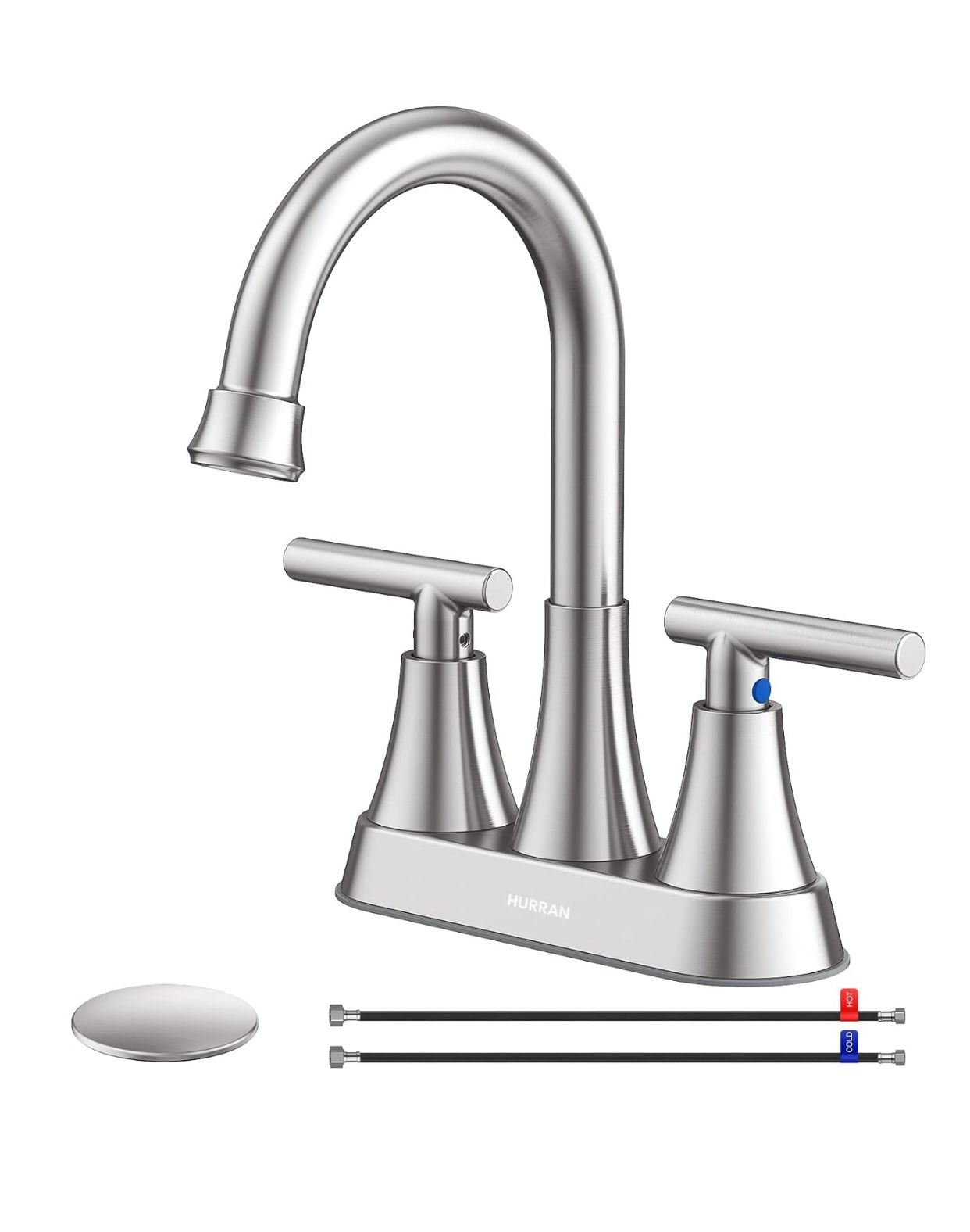 NEW! Bathroom Sink Faucet Hurran 4 Inch Brushed Nickel Complete Set W/ Drain