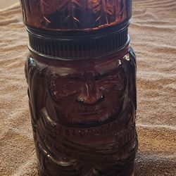 Vintage 60s Native American Indian Chief Brown Glass Tobacco Humidor Or Canister,  Exc Cond