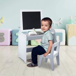Kids Easel with 1 Paper Roll, Double Sided Children Easel Chalkboard, 3 in 1 Art Easel & Desk with Stool for Boys Girls Gifts