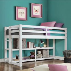Twin Loft Bed Wood Storage Shelves Kids Rail Bedroom Furniture Modern WHITE