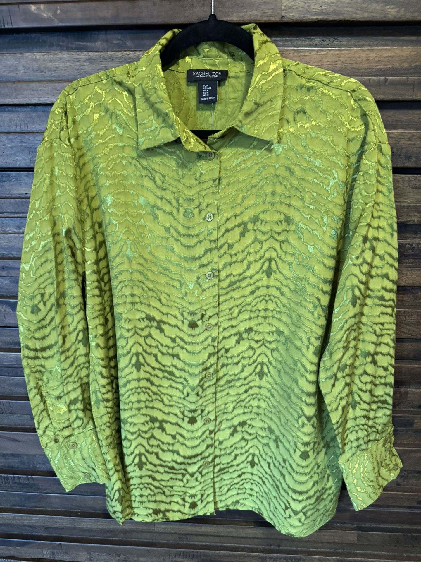 Rachel Zoe Textured Long Sleeve Button Up Shirt MED Lime Green Viscose