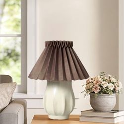 Retro Pleated  Table Lamp, Modern Ceramic Bedside Nightstand Lamp Sour Cream with Brown Shade, 14”