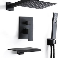 8 Inch Shower Faucet Set, Rainfall Shower System with High Pressure Handheld Shower Head, Bathroom Mixer Shower Set Wall Mounted Rough-in Valve and Tr