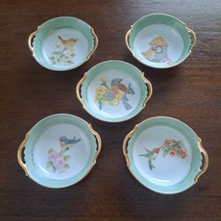 Vintage Hand Painted Signed Audrey Fine Porcelain Dish Bowl Flower Bird Two...