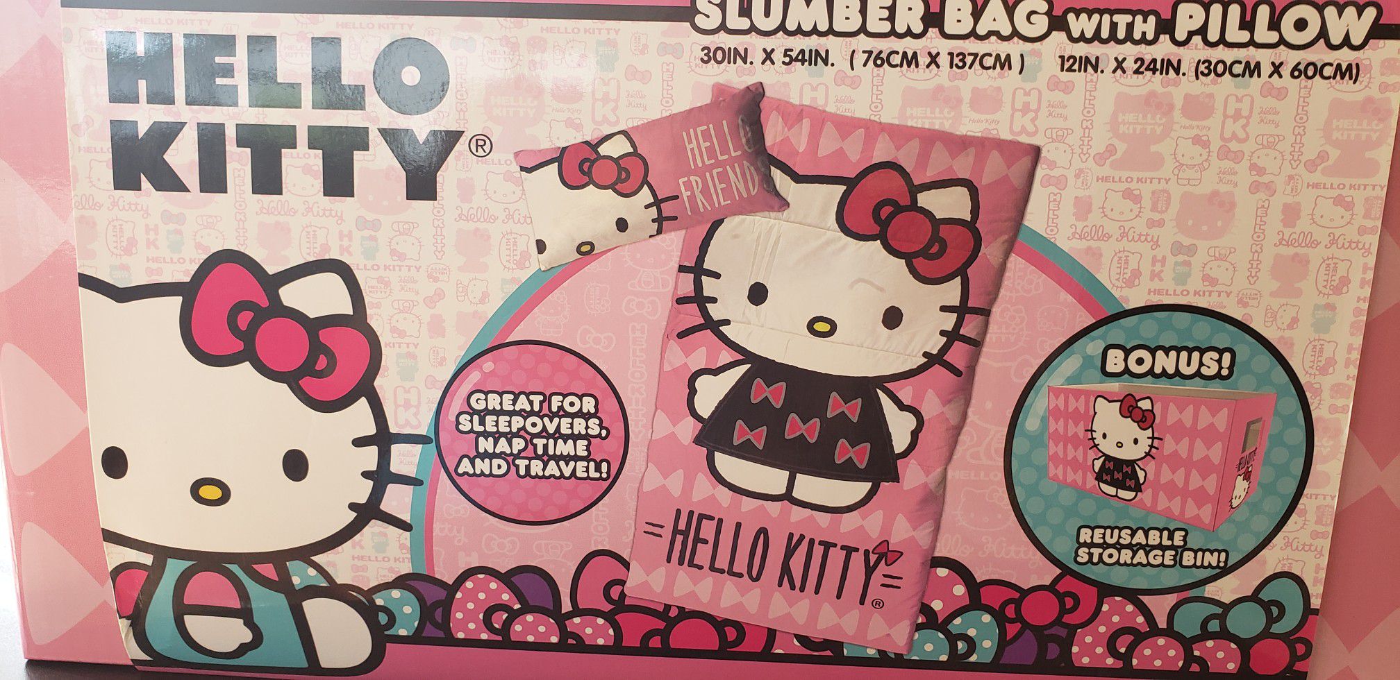 Hello Kitty Sumber bag and Pillow, New in box with reusable bin.
