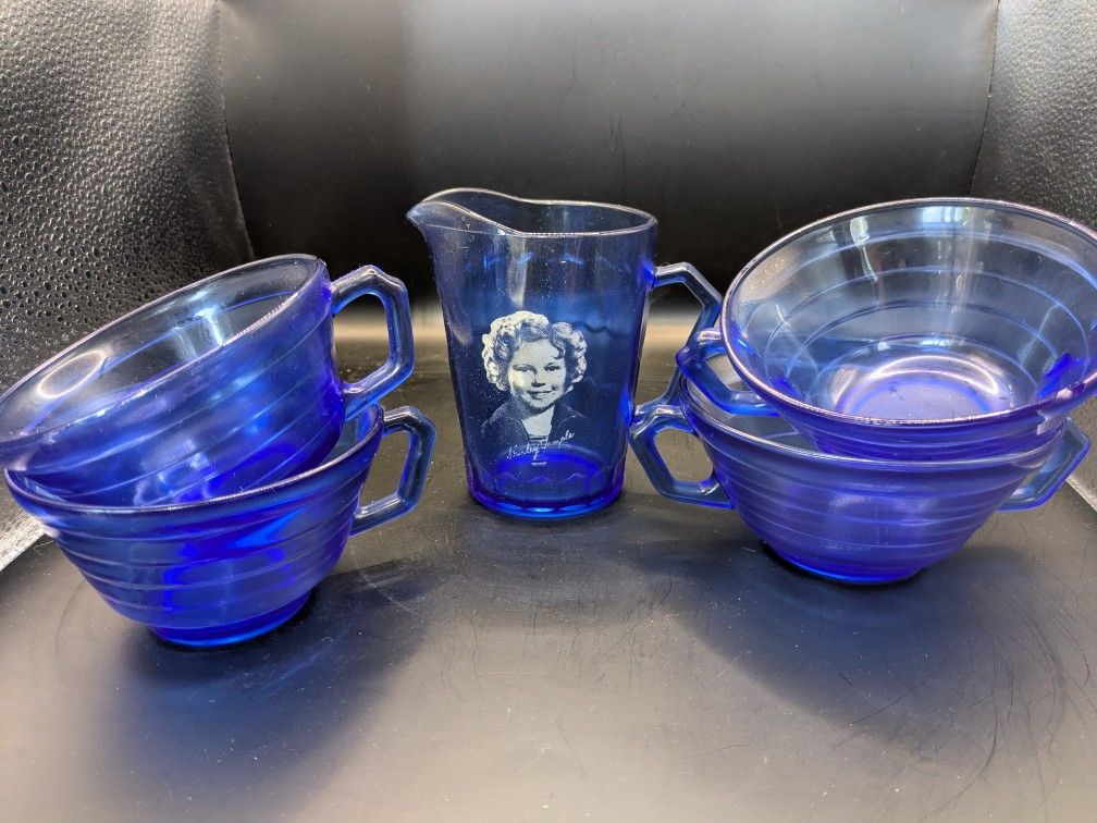 Shirley Temple Colbalt Creamer Glass Cup and Bowls, Set of 5