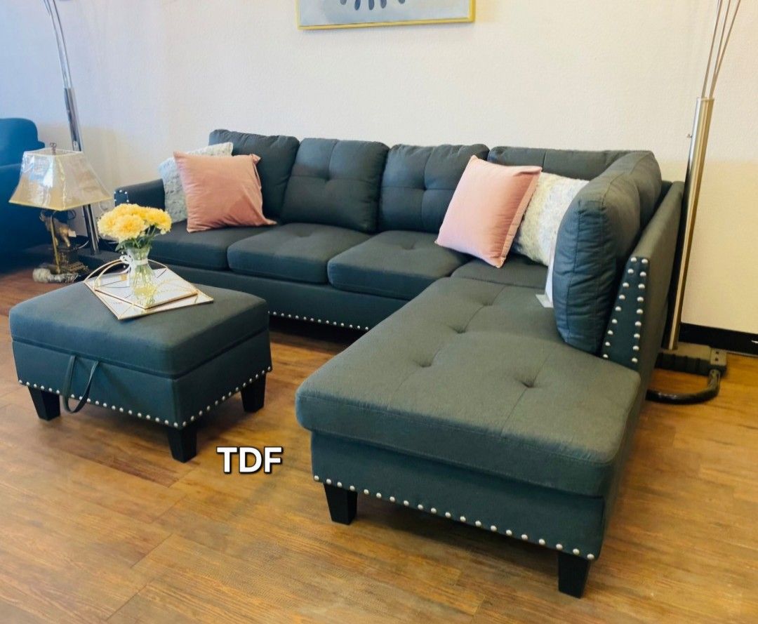 Brand New Charcoal Linen Sectional Sofa Couch +Storage Ottoman (New In Box) 