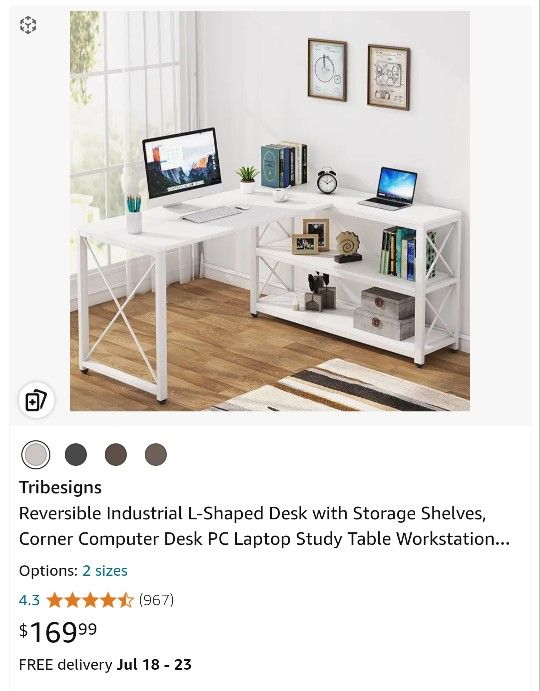White 59" Tribesigns Reversible L-shaped desk