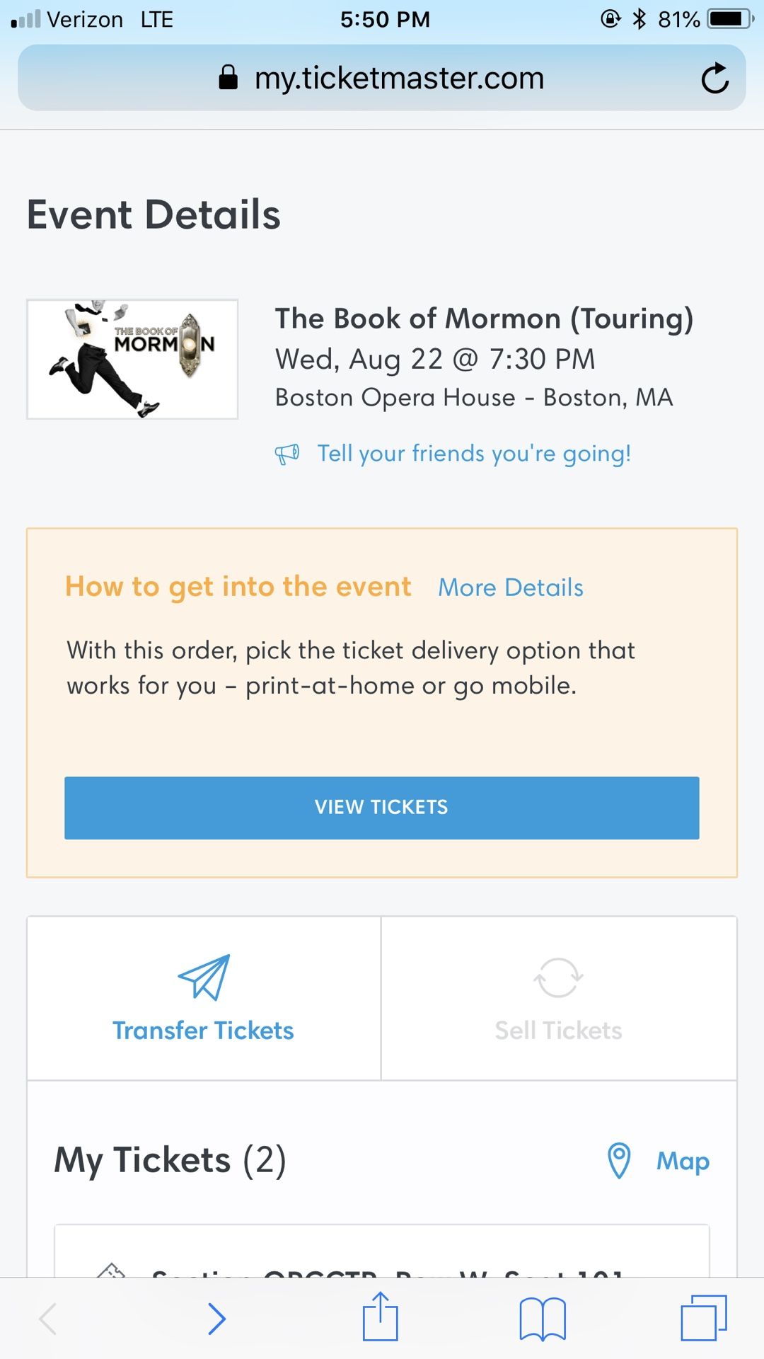2 tickets to The Book of Mormon tonight, August 22nd at 7:30pm at the Boston Opera House. Total for both $350. Price negotiable. Tickets in ORCCTR.