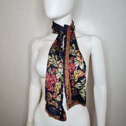 Adrienne Vittadini Foral Navy and Brown Scarf 100% Silk Printed In Korea