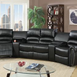 Brand New Black Leather Theatre Style Reclining Sectional Sofa