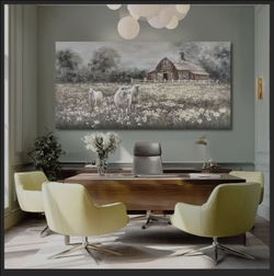 Sheep & Wildflower Farmhouse Wall Decor, Vintage Country Animal Landscape Canvas Print for Living Room, Bedroom & Dining, 29 x 58 Inches, Ready to Han