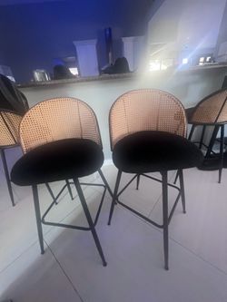 Rattan Barstools with black boucle seats set of 3