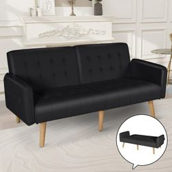  65" W Folding Futon Couch Sofa Bed w/ 2 USB Charging Ports, Black 