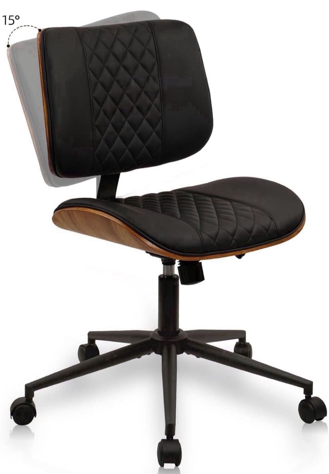 Armless Home Office Chair, Desk Chair with Wheels, Adjustable Height Reading Chair, Leather Mid Back & Swivel Computer Chair, Modern Walnut Chair with