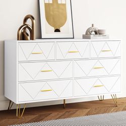 7 Drawers Dresser for Bedroom, White Dresser with Golden Legs & Handles, Wooden Chest of Drawer