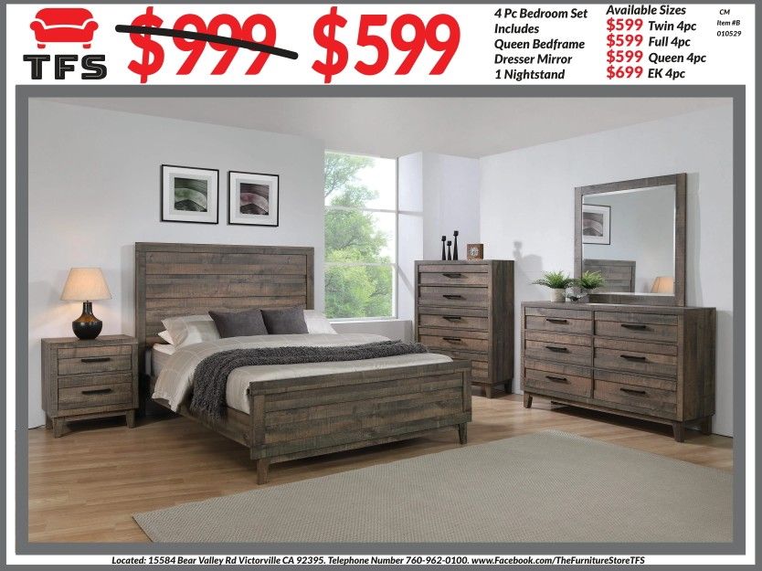 4pc Bedroom Set $599 Queen $699 Eastern King Includes bedframe Dresser mirror nightstand Brown Bedroom Set