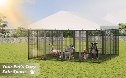 Large Dog Kennel Outdoor Pet Pens Dogs Run Enclosure Animal Hutch Metal Coop Fence with Roof Cover. 9.62'L x 9.35'W x 6.18'H.
