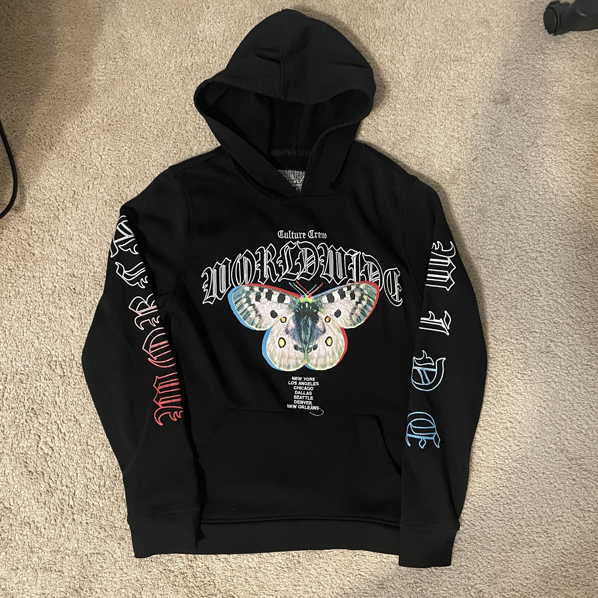 black hoodie with butterfly graphic