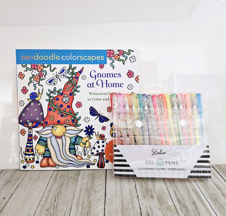 Zendoodle Colorscapes Gnomes at Home & Studio C 15 Colored Gel Pens Set. Whimsical Friends to Color and Display by Castle Point Books ISBN: 281