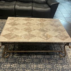 4 Piece Real Marble Wrought Iron Coffee Table Set