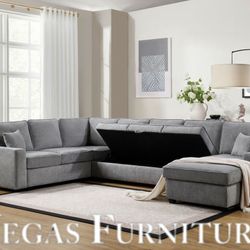 137"W Gray Chenille Sectional Sofa with Right-Facing Chaise, Underseat Storage, Throw Pillows