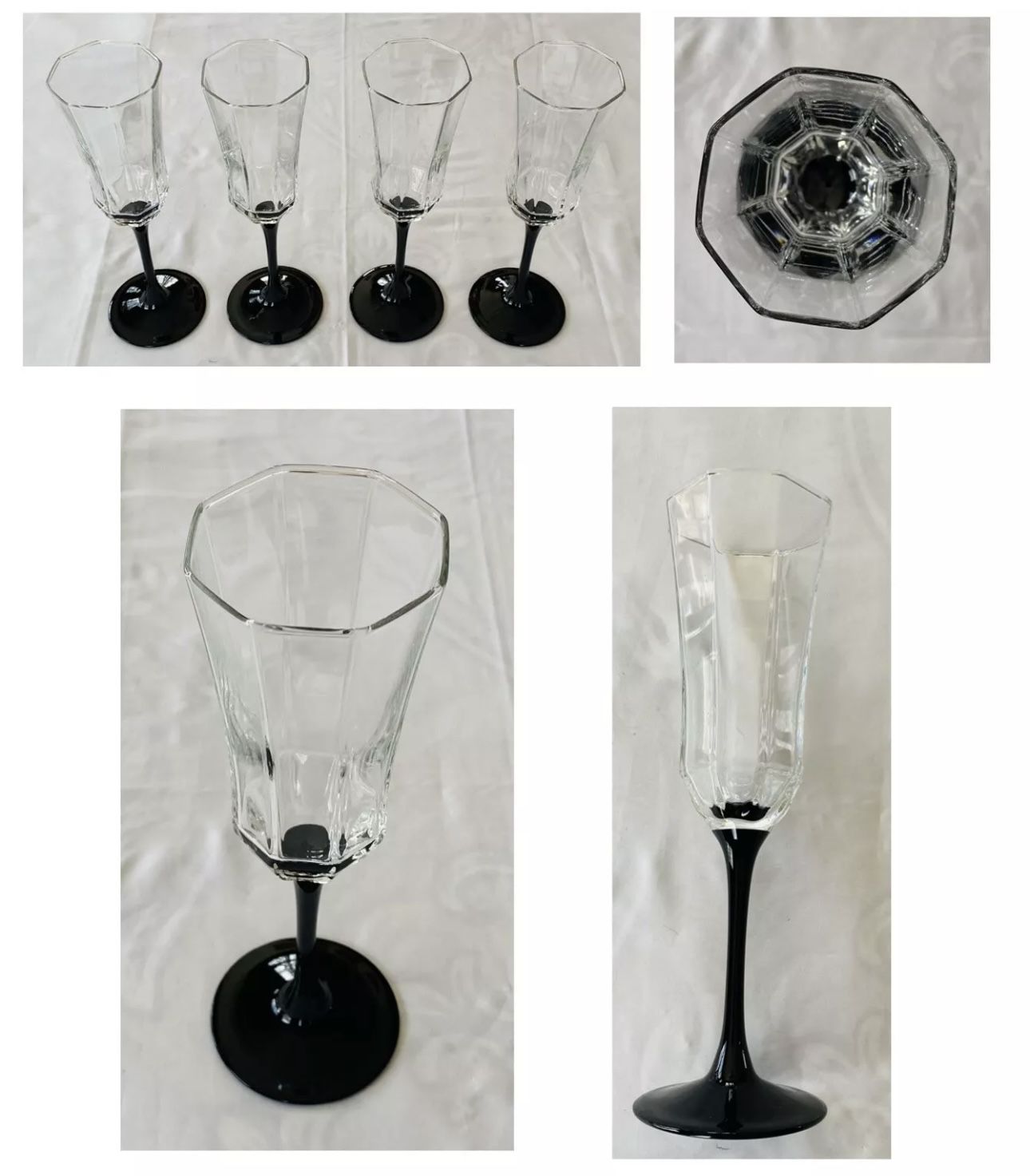 VINTAGE Luminarc Wine Glass 10 oz. BLACK STEM OCTAGON 7 Glasses FRANCE New in condition