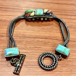 7” Vintage Barse Sterling Silver Turquoise Coral Lapis Cabochon Toggle Bracelet