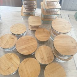 23 Glass Containers And  23 Wooden Lids Microwave/Oven/Dishwasher Safe