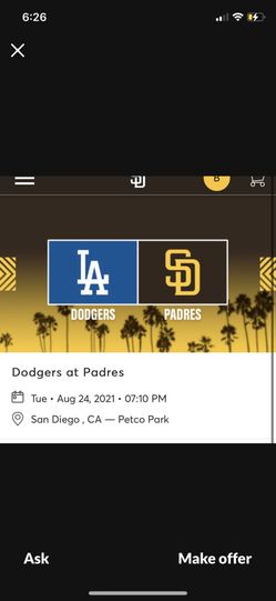 Padres Versus Dodgers - 2 Tickets - Field Level - Section 111, Row 18 -behind Padres Dugout 
