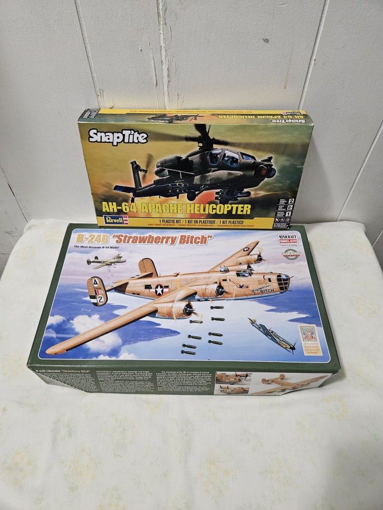 Minicraft Model Kits B-24D "Strawberry...." Skill Level 2 Open Box New $60 & Revell Company AH-64 Apache Helicopter New $25 Both Scale 1:72