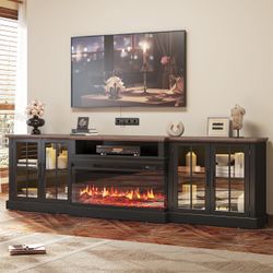 98" Farmhouse TV Stand with 36" Fireplace, Black & Black Media Entertainment Center with Fireplace,Adjustable Shelves & Large Storage Cabinets, Fits T