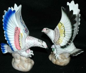 2 Porcelain Eagle Vase Planters Hand Painted with Applied Flowers/ Gold Leaf Trim