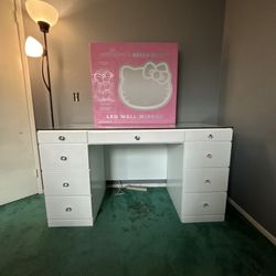 White Makeup Vanity 9-Drawer with Hello Kitty Mirror