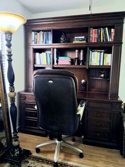 Title: Massive Luxury Executive Desk & Hutch Combo with Matching Serta Leather Chair - Invisible Secret Side-Doors & Integrated Lighting