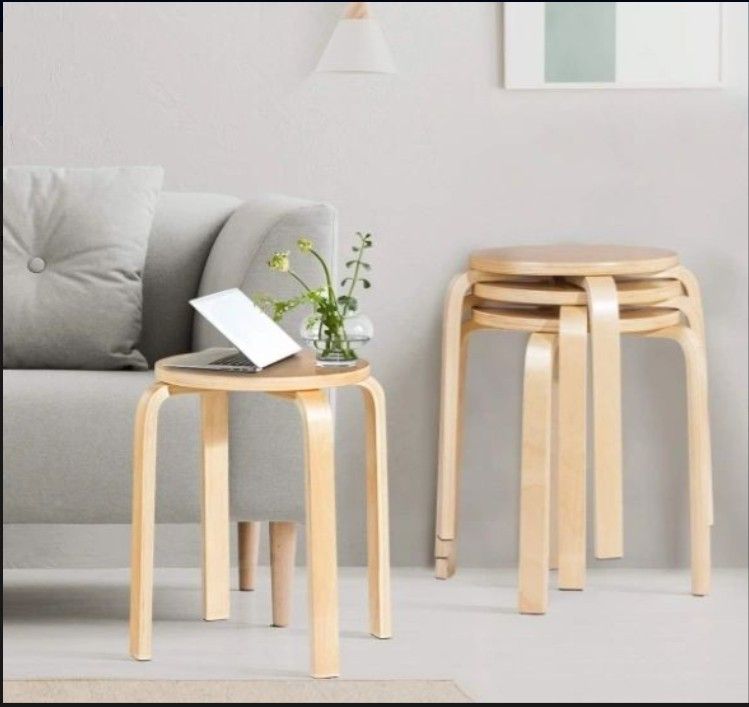 "Bentwood" Stackable Stools (Set of 4) 18" Seat Height ,Birch Wood-( Brand New)