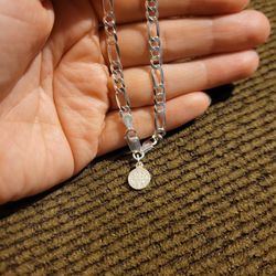 Italy 925 Solid Sterling Silver Figaro Link Bracelet w/ Saint Benedict Mini Charm for Women 6.5" Plata 925 Pulsera San Benito Para Dama 6.5"