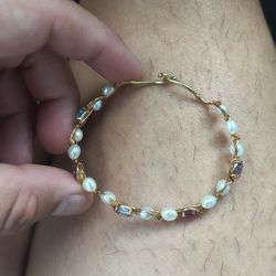 Bracelet - Bangle - Ruffle - White Pearl-Multi Gemstone - 14KTYG