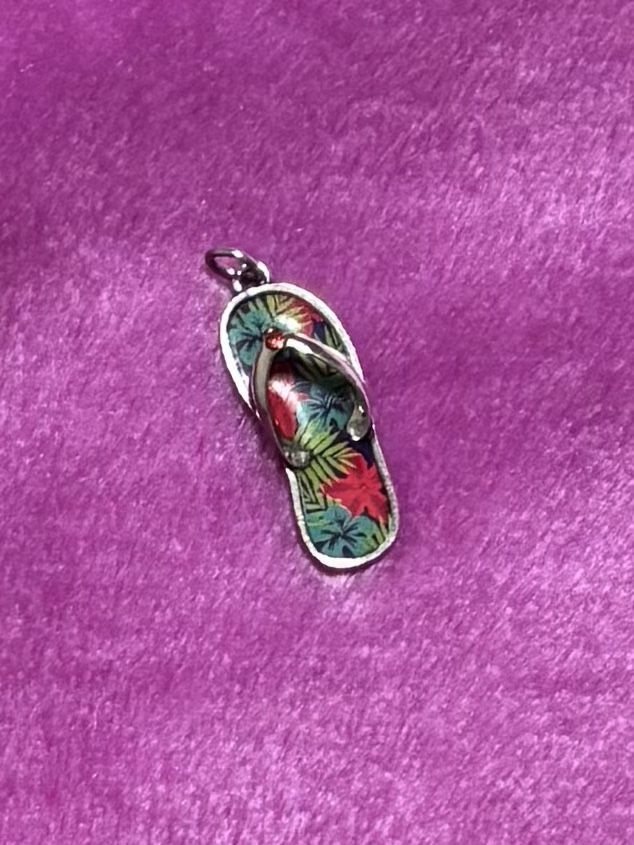 Silver Summer Flip Flop Shoe Necklace Charm Pendant Tropical Palm Tree Hibiscus Blue Pink Green Zirconia