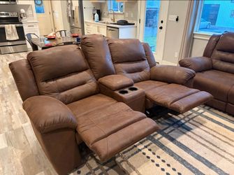 Brown Leather Reclining Loveseat with Console