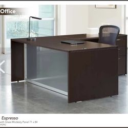 Brown L Shaped Desk With Glass Modesty And Pedestal