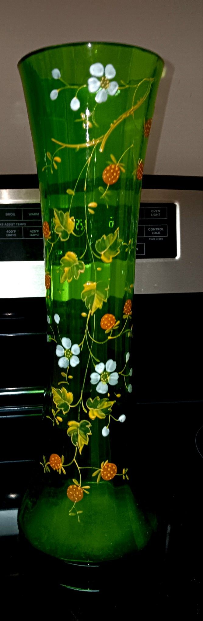 Vintage 1975 Green Glass And Painted Vase