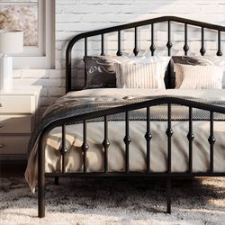 Queen Metal Bed Frame with Wrought Iron-Art Headboard, Black Victorian Style Metal Platform Bed Frame, Wrought Iron-Art Headboard and Footboard, Under